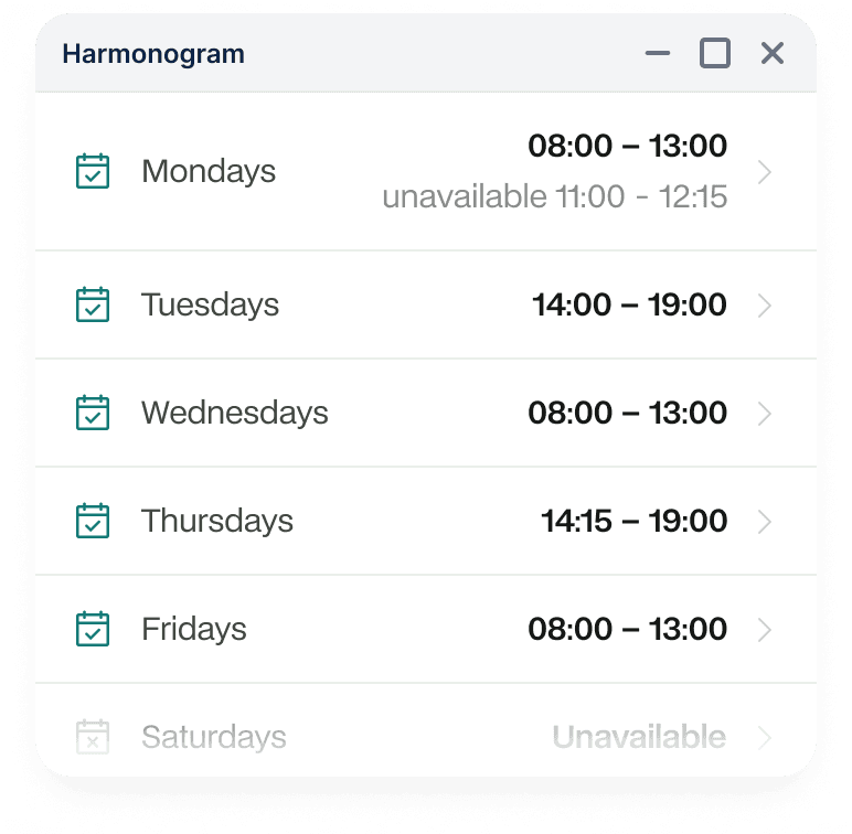 Harmonogram w aplikacji